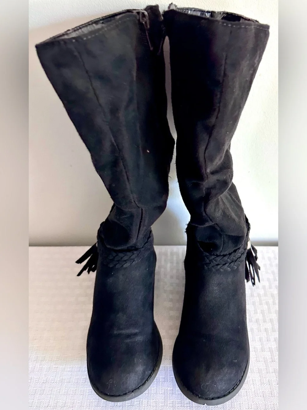 SO Girls Black Slouch Boots Size 13 Braided Tassel Side Zip Mid Calf